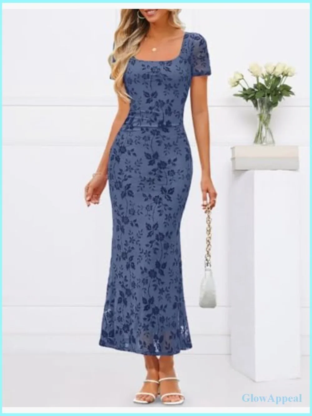 Women Square Neck Mermaid Maxi Dress Short Sleeve Floral Bodycon Formal - Picture 3 of 7